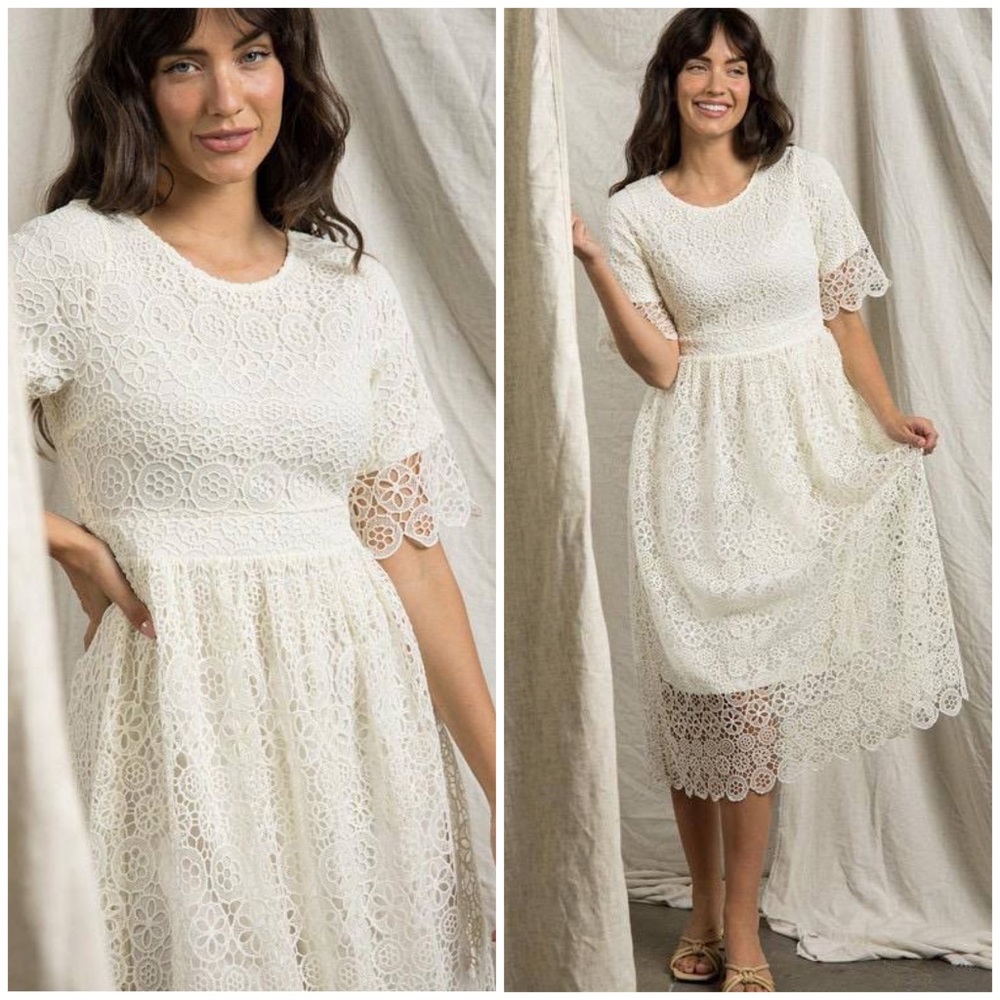 LAST 1❗️POLAGRAM White Embroidery Crochet Midi Dress - Picture 4 of 14